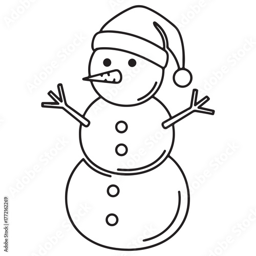 Simple Outline Snowman Graphic Wearing Santa Hat on White Background