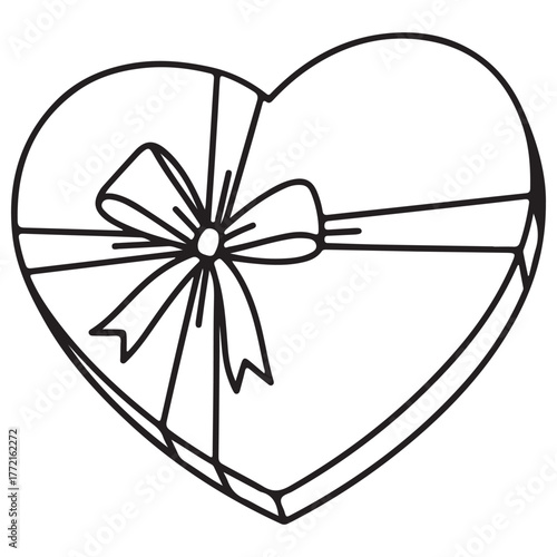 Hand Drawn Outline Heart Gift Box with Ribbon and Bow Illustration