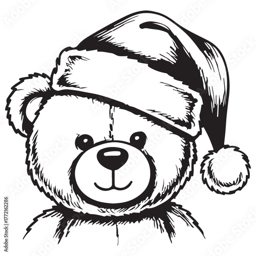Black and White Sketch Teddy Bear in Santa Hat Illustration