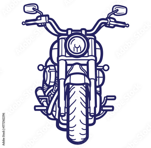 Front view illustration of a classic motorcycle in dark blue color outlined design