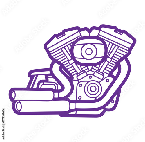 Illustrated outline of a motorcycle engine with exhaust pipes purple color on white background