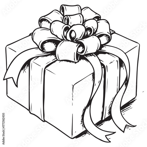 Black and White Outline Illustration of a Wrapped Gift Box with Ribbon Bow
