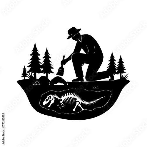 Paleontologist excavating dinosaur skeleton with transparent background