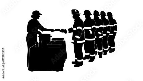 Chef serving firefighters with transparent background