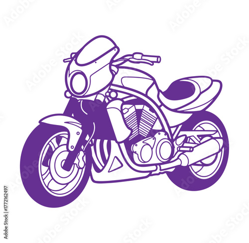 Modern purple line art illustration of a powerful motorcycle on a white background