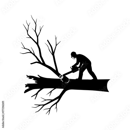 Lumberjack cutting tree branch with transparent background