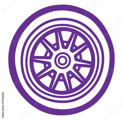 Purple car wheel with a modern rim design isolated on a white background