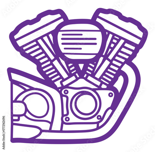 Purple outlined motorcycle engine illustration isolated on a white background for design projects