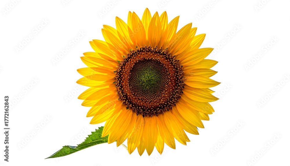 Fototapeta premium A vibrant sunflower with bright yellow petals stands isolated on white