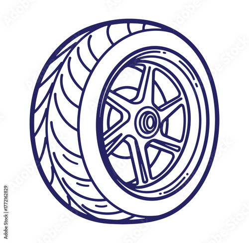 Simple detailed line art of a motorcycle wheel and tire in a blue outlined style