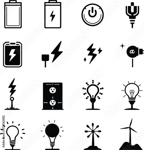 A collection of energy and power icons in black and white showing various sources and uses of energy silhouette