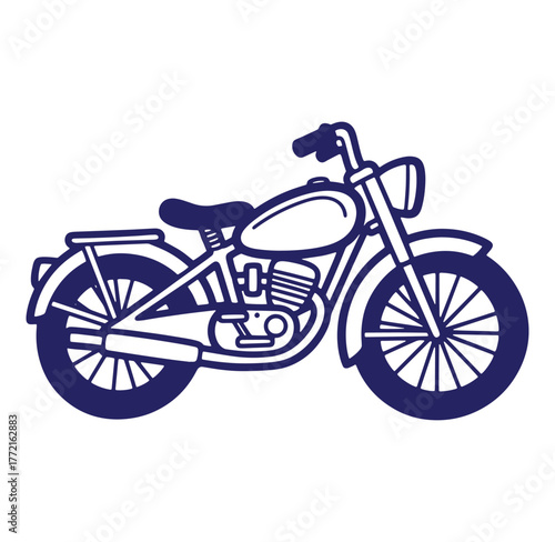 Simple illustration of a vintage motorcycle outlined in a dark blue color