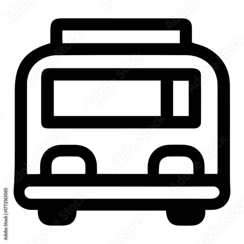 A bus with a window on the front. The bus is black and white
