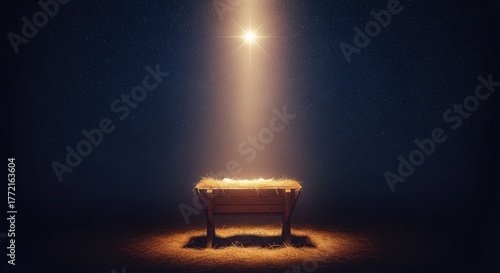 Empty wooden manger illuminated by a bright star and light beam on a dark starry night background