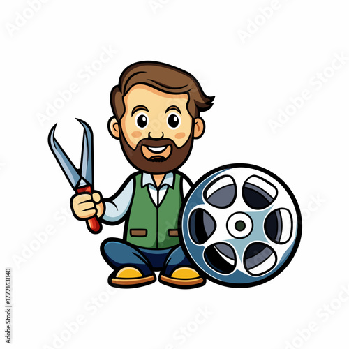 Cartoon Film Editor Holding Scissors Next To Film Reel