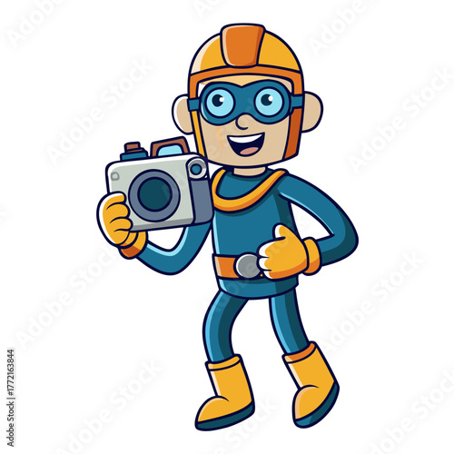 Cartoon Diver With Camera Posing Underwater Smiling