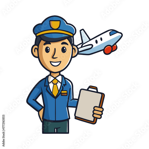Cartoon flight dispatcher holding clipboard next to an airplane