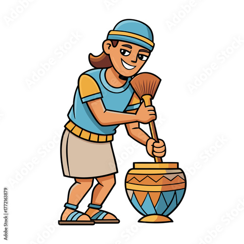 Cartoon archaeologist cleaning an ancient vase with a brush