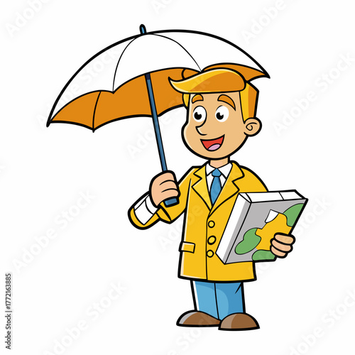 Cartoon meteorologist holding umbrella and weather map