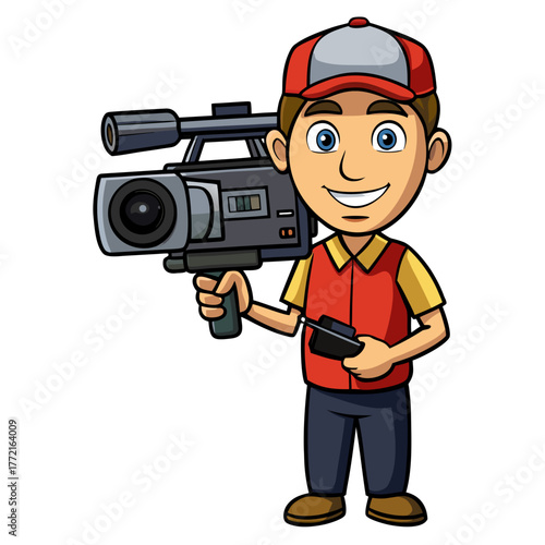 Cartoon cameraman with camera in hand smiling with a remote control