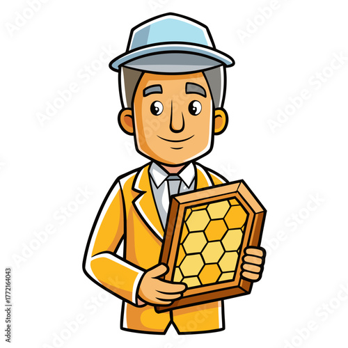 A happy beekeeper holding a honeycomb frame in a cartoon design