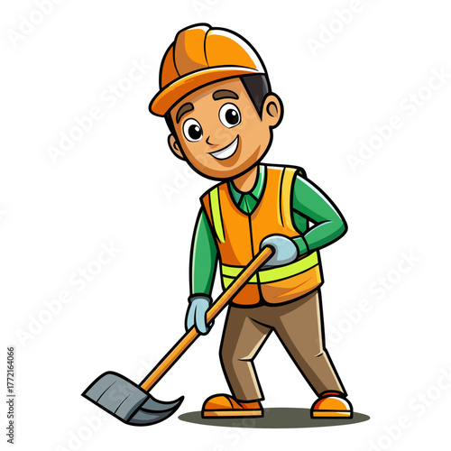 Cartoon street worker with broom sweeping the ground