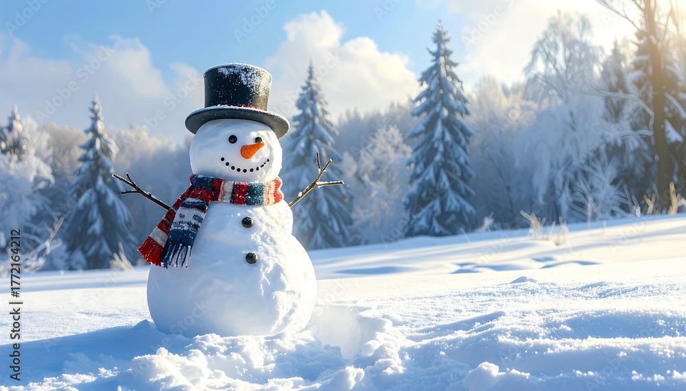 Obraz premium A cheerful snowman in a snowy landscape, under a bright winter sky