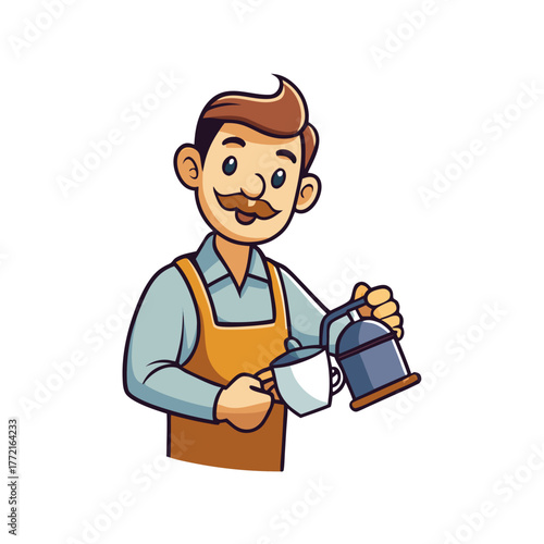 Cartoon barista pouring coffee into a white cup