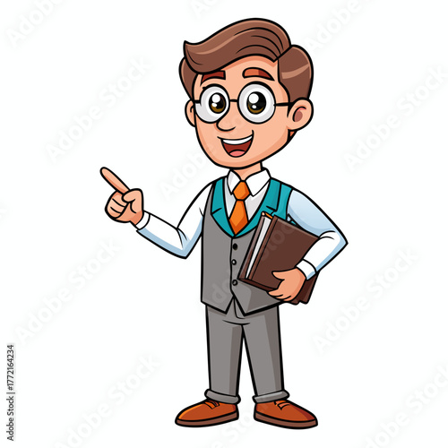 Cartoon teacher with book pointing at something interesting