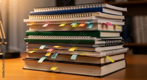 Towering Stack of Educational Books and Notebooks with Colorful Study Tabs