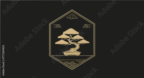 Geometric Golden Bonsai Tree within a Hexagonal Frame, Fusing Traditional Art with Modern Design and Luxury Aesthetic