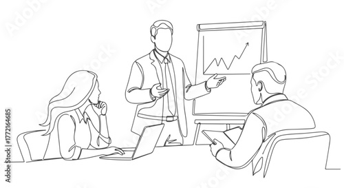 Professional business meeting presentation with a growing graph, illustrated in a unique one-line continuous art style, capturing teamwork and corporate strategy in a minimalist design