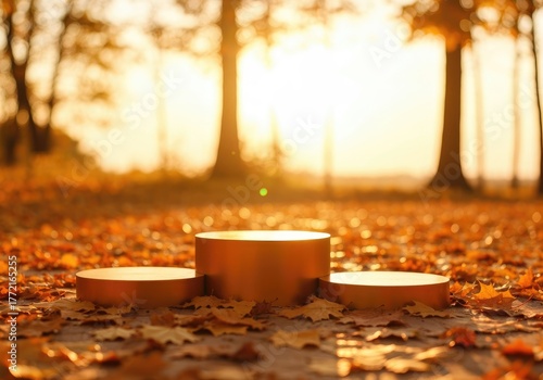 Autumn podium display with fallen leaves and golden sunset glow, product staging autumn fall