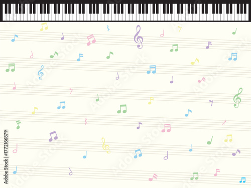 音符と五線譜とピアノの壁紙