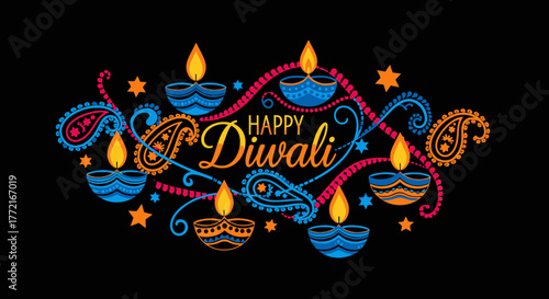 Vibrant Happy Diwali illustration with traditional lit diyas intricate paisley patterns and decorative stars.