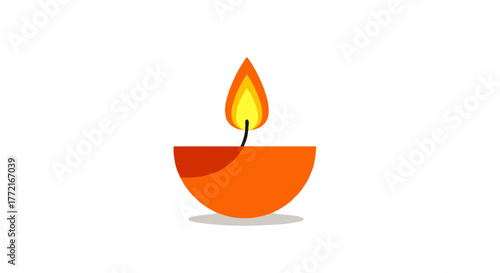 Simple Orange Diwali Oil Lamp with Flame Illustration.