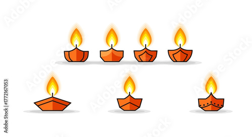 Collection of stylized orange geometric Diya oil lamps with bright layered flames.