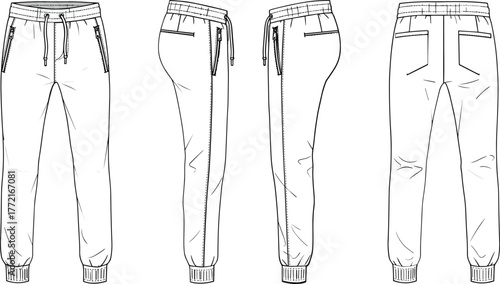 Black and white fashion flat sketch of jogger pants with zipper pockets and drawstring sweatpants fashion sketch