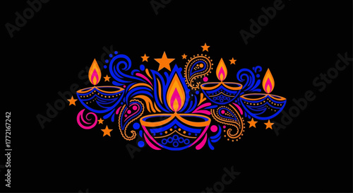 Colorful Diwali Diya Lamps with Flames Paisley and Star Decorations.