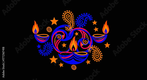 Stylized Diwali graphic with vibrant blue and orange diyas paisley swirls and stars.