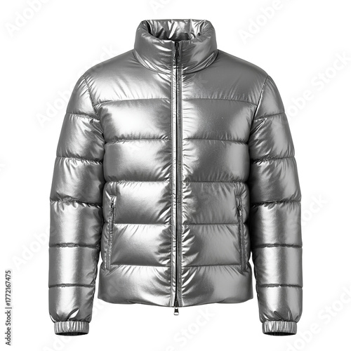 Metallic silver puffer jacket, modern style, zipper closed, isolated transparent background