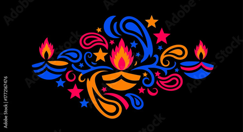 Vibrant Diwali diya and paisley decorative border design.