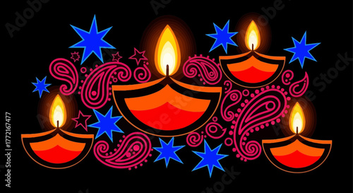 Vibrant graphic illustration of four lit diyas intricate pink paisley patterns and blue stars.