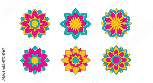 Set of six vibrant stylized mandala flowers with geometric patterns in pink yellow and teal.