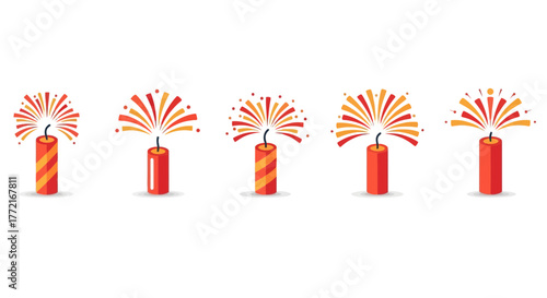 Cartoon Firecrackers with Red and Yellow Flames Festive Celebration Icons.