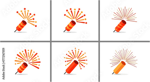 A set of six stylized red and orange firecracker icons exploding with festive sparks.