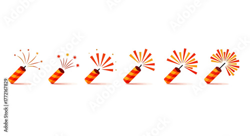 A sequence of six red and orange striped firecrackers showing an evolving explosion with sparks and bursts.