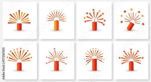Set of Eight Cartoon Firecracker Illustrations with Starbursts and Sparks.