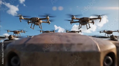 A swarm of drones flying in the sky on a bright sunny day