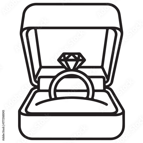 Simple Outline Vector Illustration of Diamond Engagement Ring in Open Box